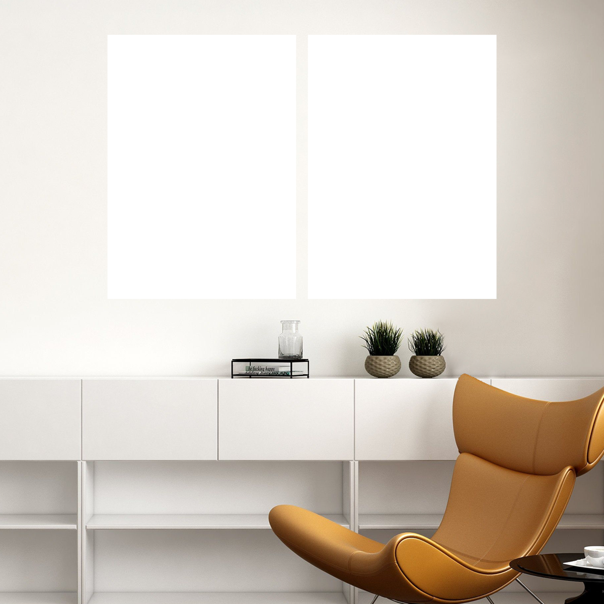 Custom Multi-Panel Canvas Prints displayed in modern minimalist living room with white walls, featuring blank panels above white cabinet, tan leather chair, and decorative plants in woven pots
