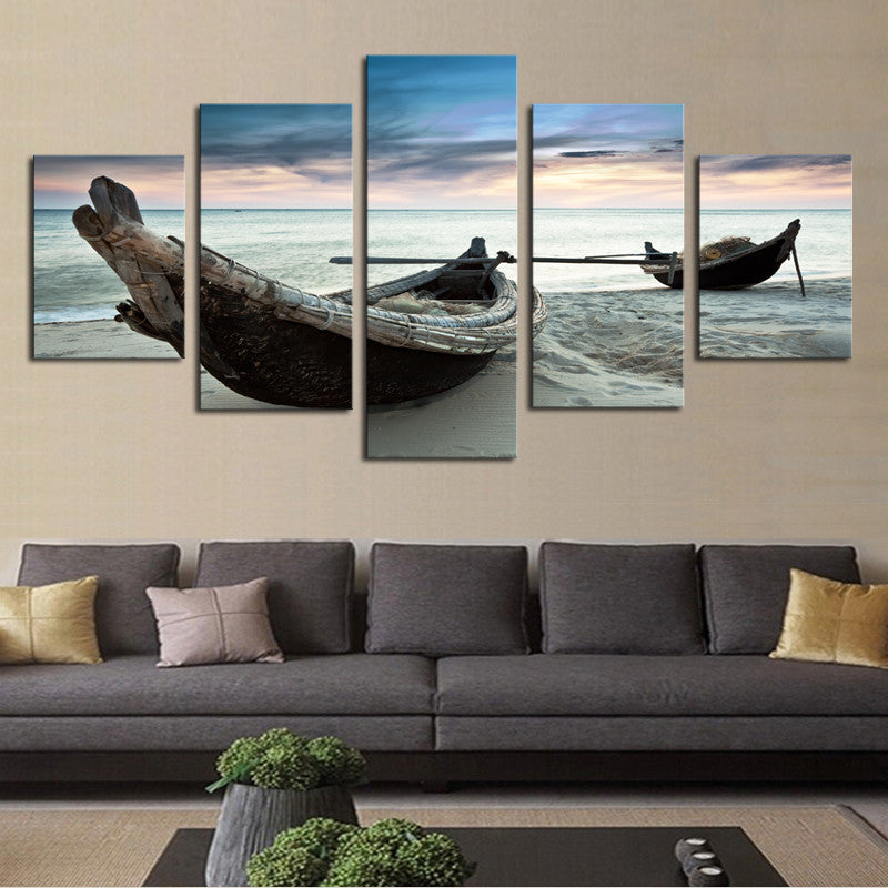 Canoes on the Beach - 5 Piece Panel Art - BigWallPrints.com - 1