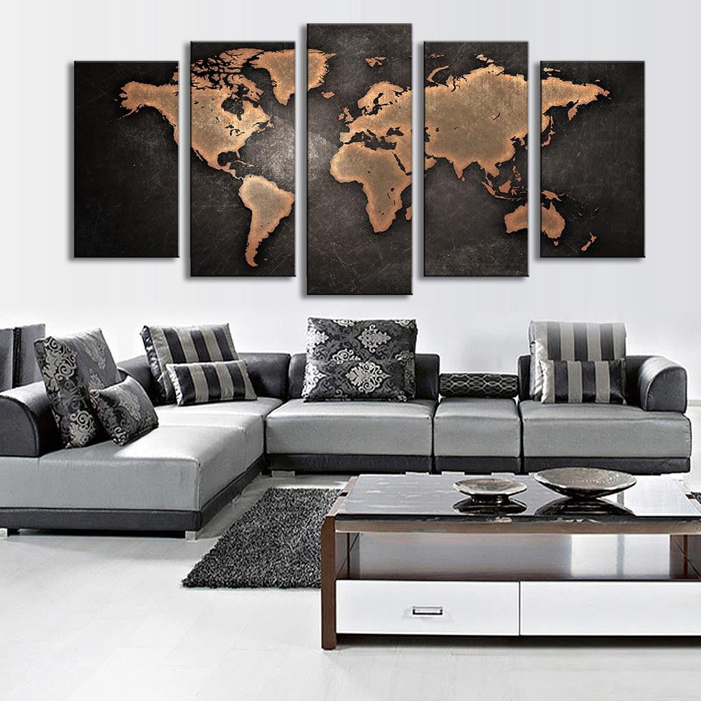 World Map in Black and Brown - 5 Piece Panel Art - BigWallPrints.com - 3