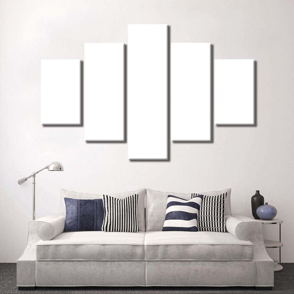 Five-panel white canvas wall art arrangement above modern white sofa with navy and striped throw pillows - Live Product Options Canvas Room Parts for contemporary living room decor