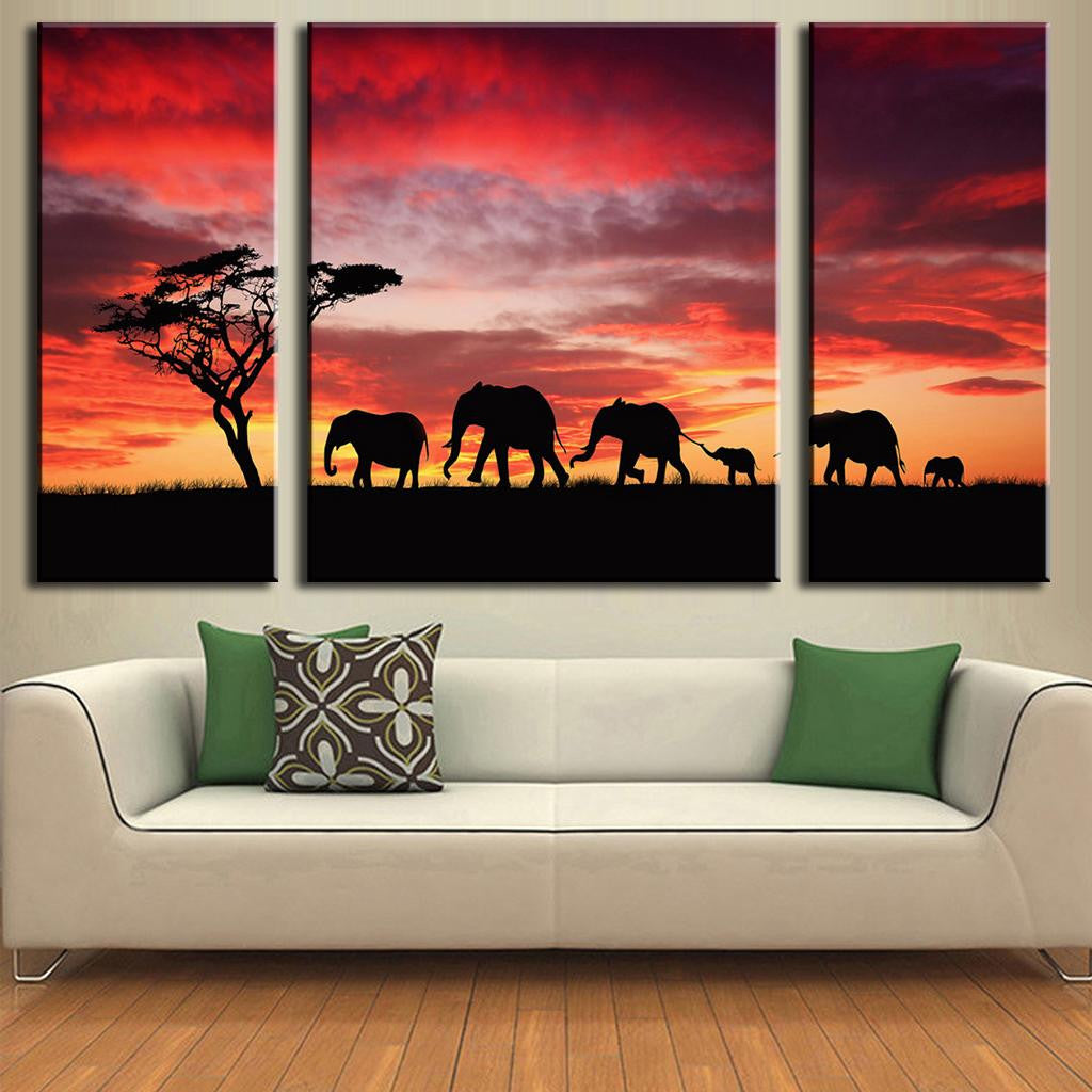 Elephant Safari Red Sky Sunset