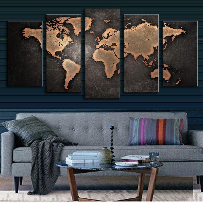 World Map in Black and Brown - 5 Piece Panel Art - BigWallPrints.com - 2