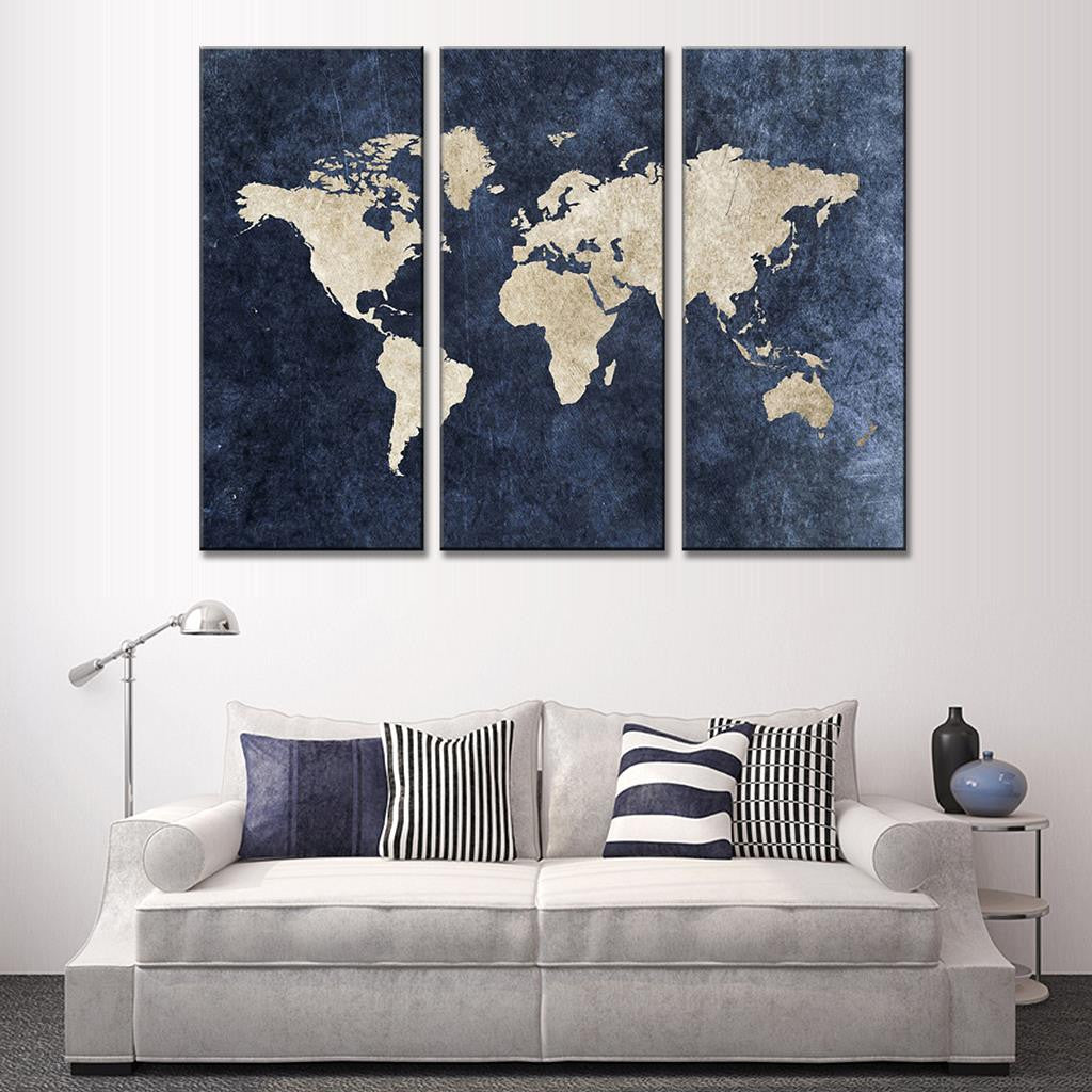 World Map on Navy Canvas