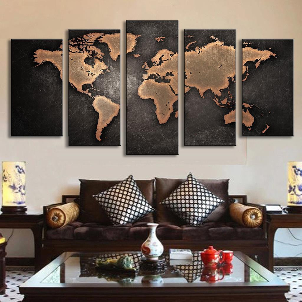 World Map in Black and Brown - 5 Piece Panel Art - BigWallPrints.com - 1