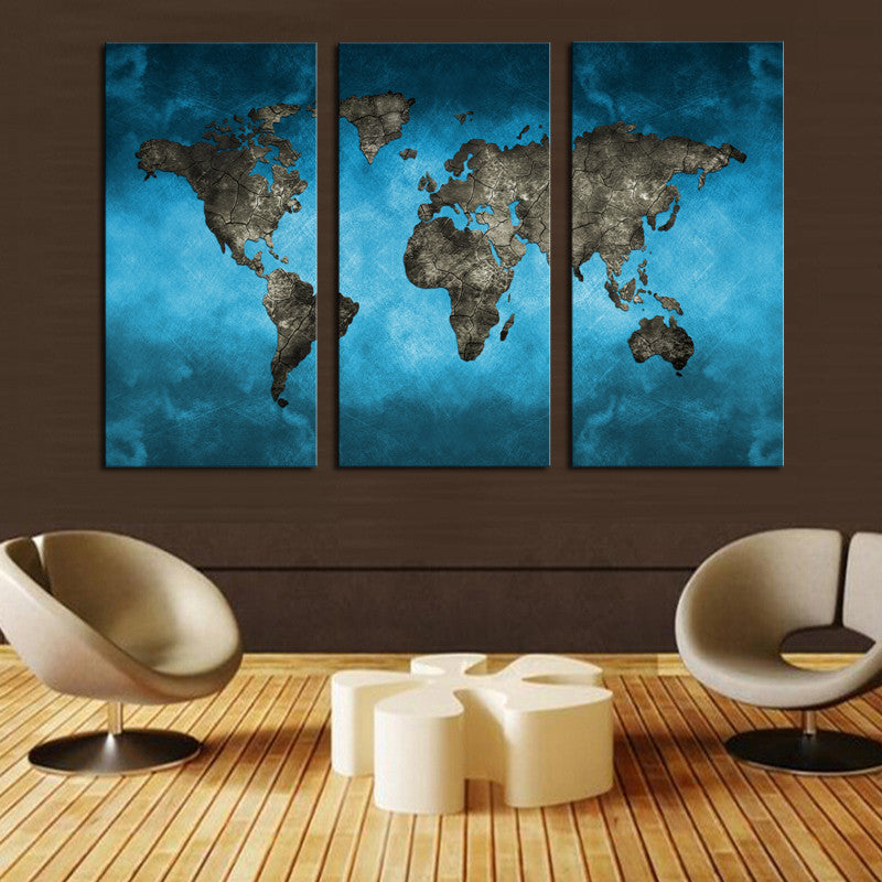 Blue World Map Art - 3 Piece Panel Art - BigWallPrints.com