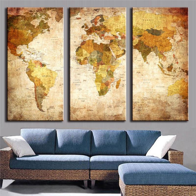 World Map 3 Piece Panel Art - BigWallPrints.com